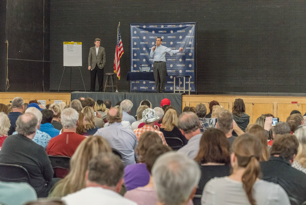 Congressman Darrell Issa answers questions from constituents on a variety of topics at a town hall meeting held in Oceanside, Calif. and moderated by conservative talk radio host Mark Larson on March 11, 2017. Joe Dusel / The Telescope