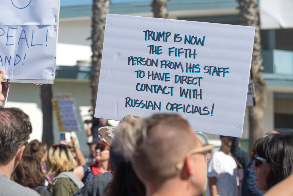 A large group of protesters gathered outside a town hall meeting hosted by Congressman Darrell Issa in Oceanside on March 11, 2017. Issa held two town hall meetings in a row, with the room filled with about 500 people, but there were still many more that were not able to attend. Joe Dusel / The Telescope
