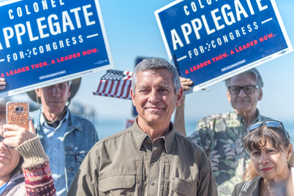 49th Congressional District Democratic candidate Doug Applegate does a bit of early campaigning for the 2018 election outside a town hall meeting hosted by Congressman Darrell Issa in Oceanside on March 11, 2017. Applegate came within around 1600 votes of Issa in a very close 2016 election. Joe Dusel / The Telescope
