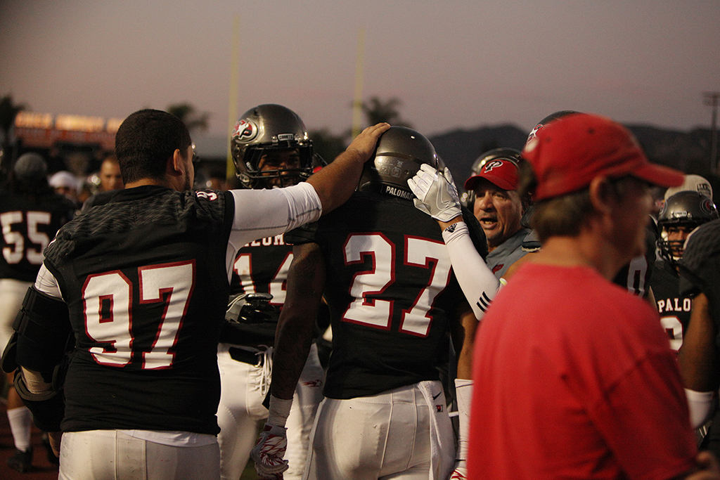 Palomar defensive back Dominique Love (27) celebrating with his team after returning a fumble 50 yds for a touchdown during the second quarter on Sept. 24. at Wilson Stadium, Escondido High School. Bruce Woodward/The Telescope