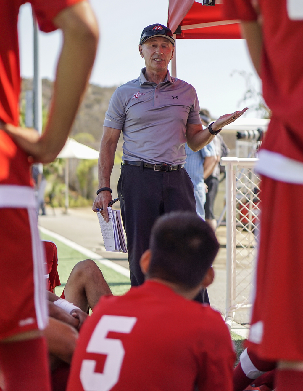 Palomar Head Coach David Whiddon talks to the team prior to the start of the game against Cypress College. The Comets hosted the Chargers at Minkoff Field Sept. 6 and lost 2-1. The Comets record now stands at (0-2-2 Overall, 0-0-0 PCAC). Philip Farry / The Telescope