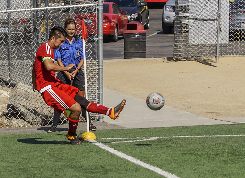 Palomar’s Chris Kusunoki drives the ball to the net on a corner kick during the first half. The Comets hosted the Chargers at Minkoff Field Sept. 6 and lost 2-1. The Comets record now stands at (0-2-2 Overall, 0-0-0 PCAC). Philip Farry / The Telescope