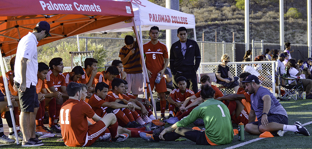 Palomar soccer team study tactics for the scond half against MiraCosta. Palomar was defeated 0-4 by MiraCosta Nov. 11 on Minkoff Field. The Comets finished the 2016 season (5-11-5). Dylan Halstead/The Telescope