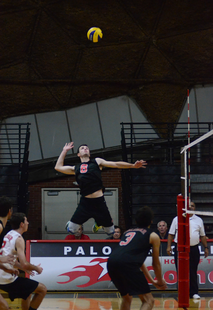 Palomar outside hitter Tyler Baker (8) gets some good height on his spike attempt in the second match against Miramar College on March 2 at the Dome. Palomar won 3-0. Tracy Grassel/The Telescope