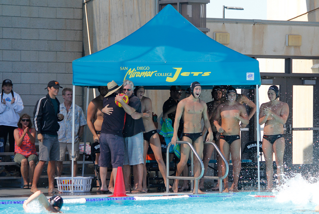 The Palomar College water polo team celebrates under their tarp after winning the 2016 Men's Water Polo PCAC Conference Game between Palomar and Grossmont on Nov. 5 at the Ned Baumer Pool. Palomar men won the title with a score of 10-9. Coleen Burnham/The Telescope