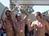 Palomar teammates (l to r) Eli Foli, Conner Chanove and Paul Schaner celebrate after winning the 2016 PCAC Mens Water Polo Championship against Grossmont on Nov. 5 at the Ned Baumer Pool. Tony Oreb and Tristan D'Ambrosi are shown (l to r) in back, right. Palomar men won the title with a score of 10-9. Coleen Burnham/The Telescope
