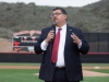 Palomar College Interim Superintendent/President Adrian Gonzales addresses the crowd at Palomar College Baseball Field prior to the ceremonial first pitch of the 2016 season on Jan. 27. Stephen Davis/The Telescope
