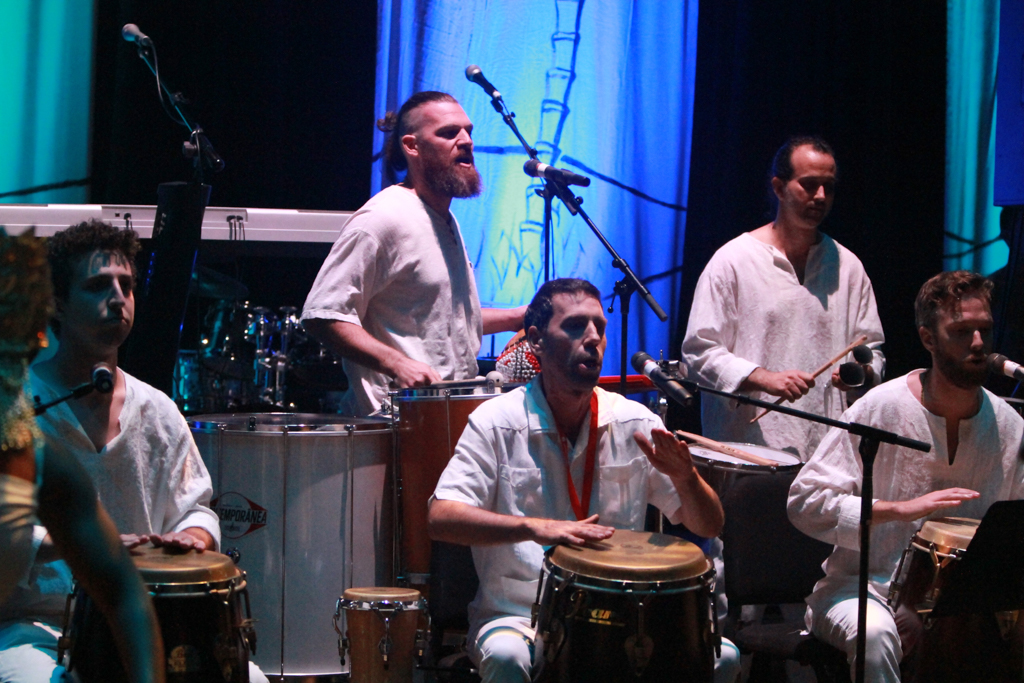 Nick Fidel, JP Hewett, Mark Lamson, Andrew Acquista and Jacob Russo are the Drummers and Vocalists for Afoxe-Avamunha-Samba Reggae during the 20th Anniversary of Noche Havana in the Studio Theatre at Palomar College on Oct 20. Music and song Arrangement by Mark Lamson. Julie Lykins (@lykinsjulie) / The Telescope
