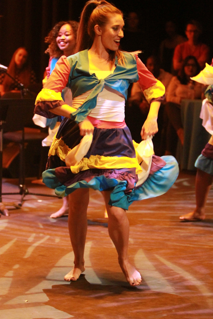 Michelle Theisman and other Students from Palomar's Afro-Cuban/Brazilan dance class perform the Conga, Choreography by Paticeann Mead at Noche Havana's 20th Anniversary in the Studio Theatre on Oct 20. Julie Lykins / The Telescope