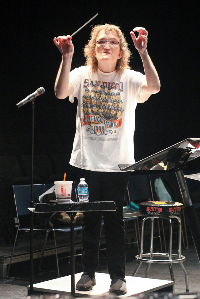 Musical director Heather Barclay conducts the Palomar Percussion Ensemble during practice for Tap in Time at the Studio Theatre on Mar 12. Coleen Burnham/The Telescope