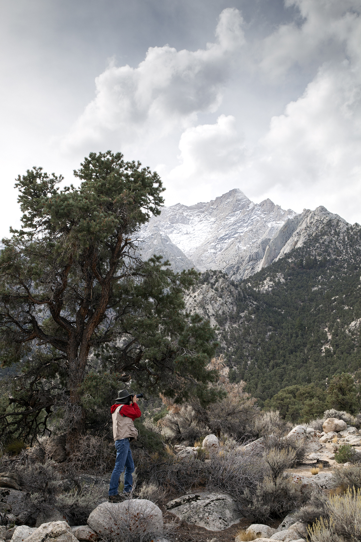 Palomar student Niko Holt photographing on Whitney Portal Road. Photo by Dan Nougier