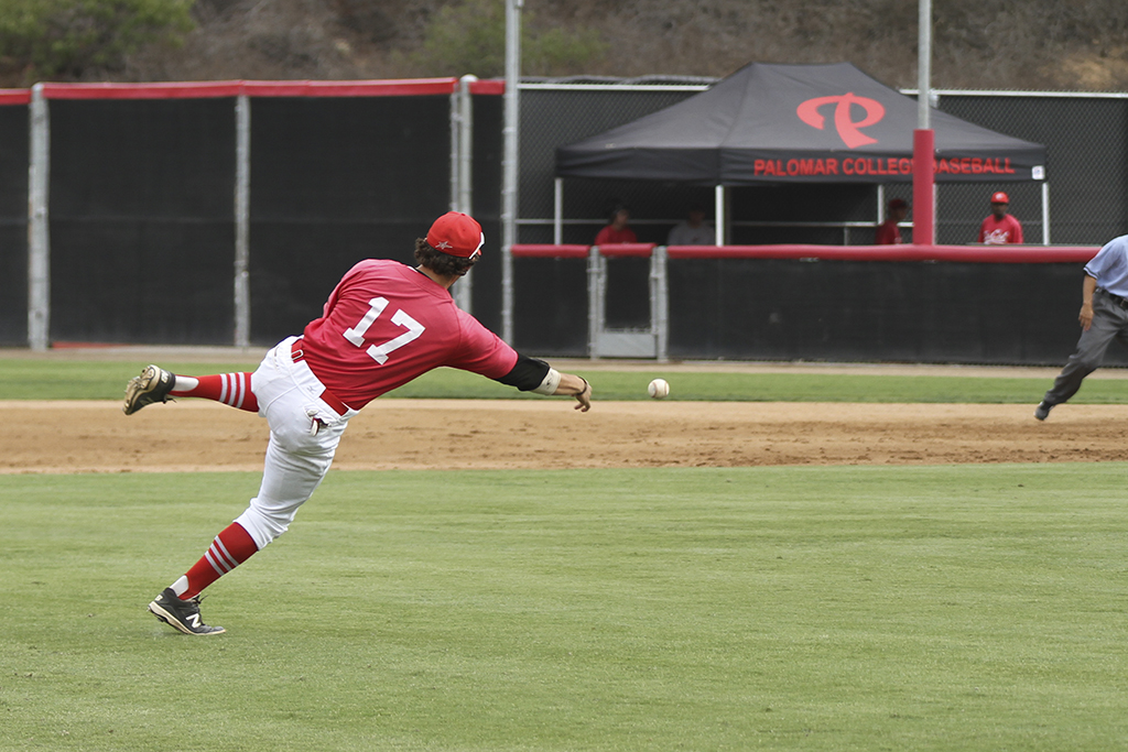 Palomar’s Connor McKenna makes an off balance throw to first base in the fifth inning in the scrimmage on Oct. 27 against Edgar Orange Coast College. Philip Farry / The Telescope