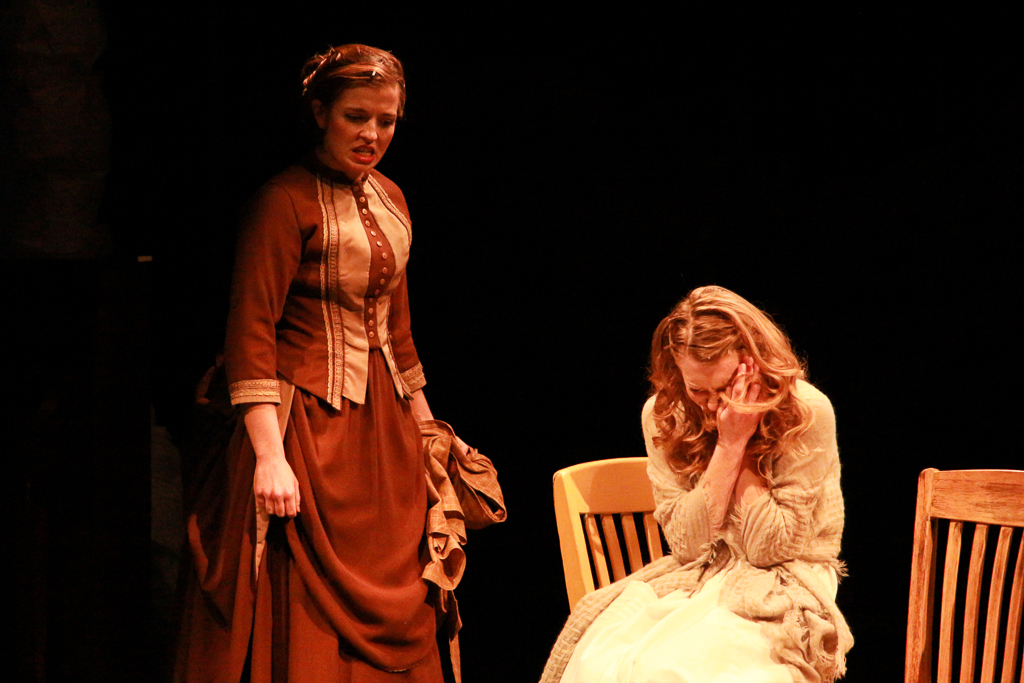 Wendla's Mother played by Julia Nardi-Loving looms over Wendla, played by Rylee Spencer in the Spring Awakening dress rehearsal Feb 24. Christopher Jones/The Telescope