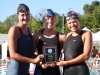 Palomar’s Michelle Jacob (L) and Emma Thomas (R) stand with Mesa’s Anna Stahlak (C) after they were named Conference Women's Swimmers of the Year. Jacob and Thomas broke 2 conference records while San Diego Mesa's Anna Stahlak broke 3. The 3 day event ran from April 20 - 22 at the Wallace Memorial Pool. Coleen Burnham / The Telescope