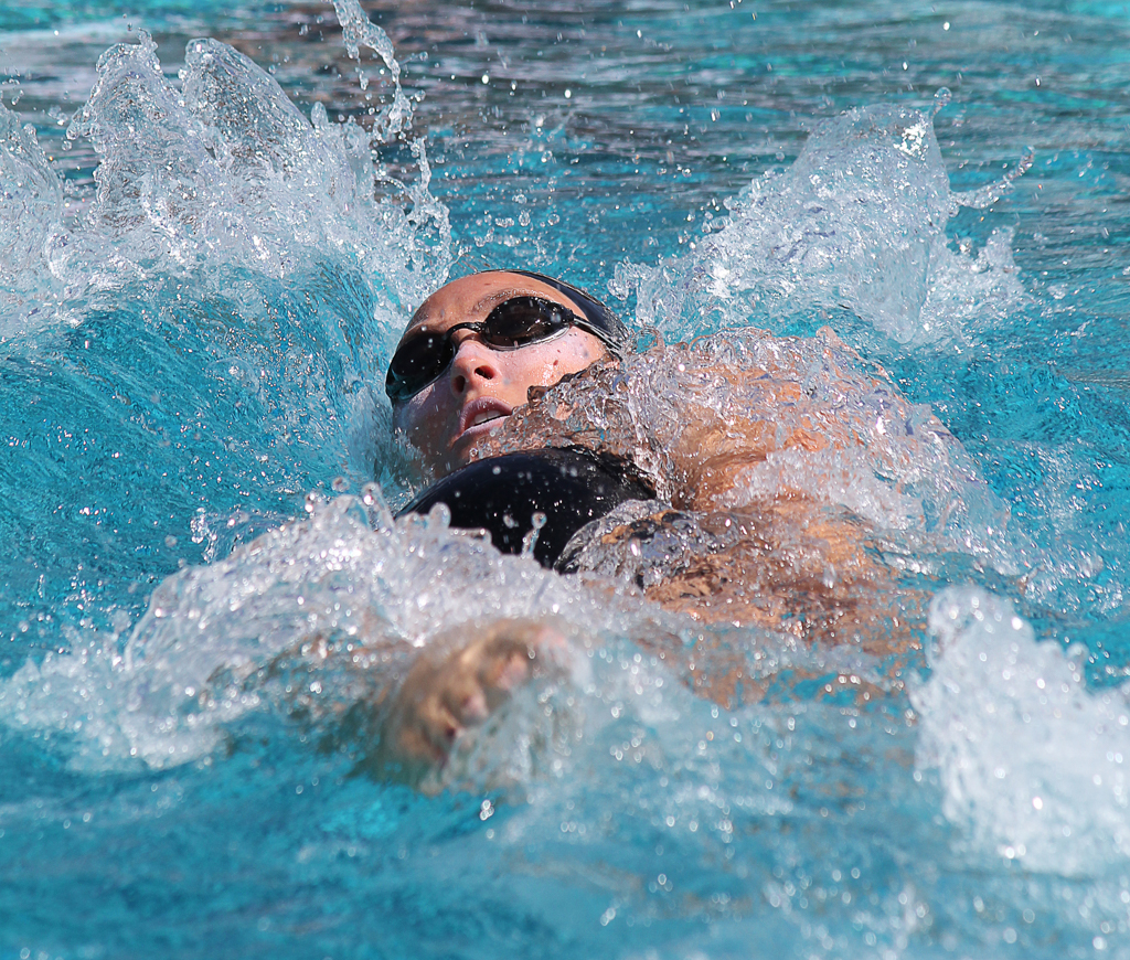 Michelle Jacob swims the backstroke leg of the women’s 200-yard medley relay at the swim meet between Palomar and Grossmont on March 17 at the Wallace Memorial Pool. Palomar women won the meet with a score of 153-74. Coleen Burnham/The Telescope