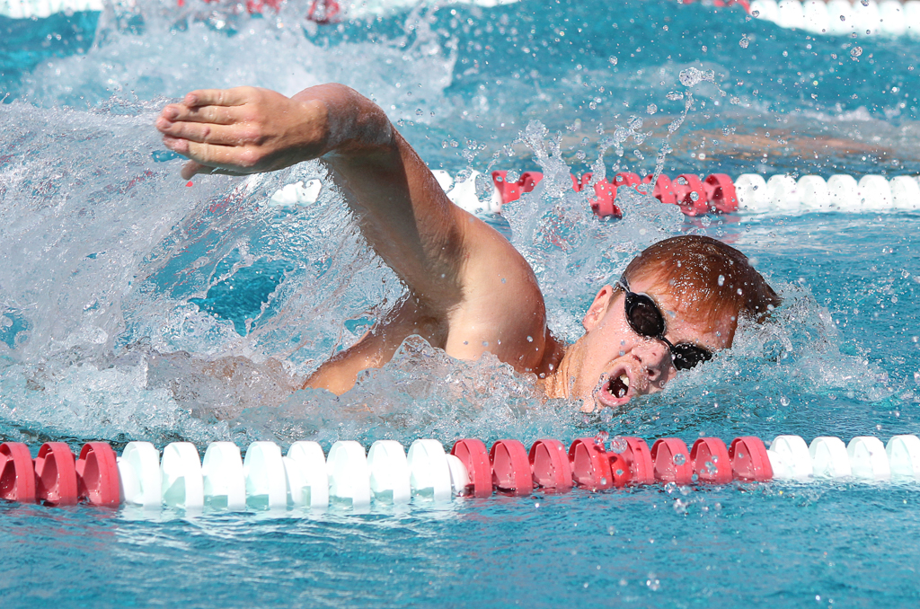 Palomar's Dylan Van Horn swims the men’s 200-yard freestyle at the swim meet between Palomar and Grossmont on March 17 at the Wallace Memorial Pool. Van Horn placed third with a time of 2:04.17 but the men lost 153-74. Coleen Burnham/ The Telescope