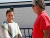 Palomar's Lucy Gates talks with coach Jem McAdams at the meet against Mesa College on March 4 at the Mesa College pool. Palomar women won the meet with an overall score of 149 to 99. Coleen Burnham/The Telescope