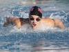 Palomar's Paulina DeHaan swims a breastroke leg of the Women's 600-yard IronWomen Relay event at the 2016 Waterman Festival Relays at the Wallace Memorial Pool on Feb. 6. Palomar women swam a time of 7.06.72 and earned it them first place. Coleen Burnham/The Telescope