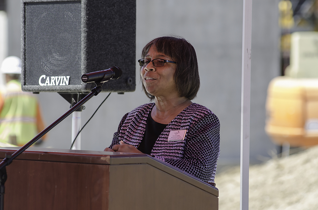 Palomar College Superintendant/President Dr. Joi Lin Blake gives a speech during the Topping Out Ceremony held at the San Marcos campus on July 28. The Ceremony was commemorating the construction of Palomar's new Library/Learning Resource Center by hoisiting up the last beam and bolting it into place. The new expected completion date is June of 2018. Tracy Grassel/The Telescope