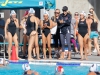 Palomar coach Jackie Puccino (black hat) is all smiles as she watches her team make their way to the edge of the pool after they won the 2016 Women's Water Polo PCAC Conference against Mesa on Nov. 5 at the Ned Baumer Pool. Palomar women won the title with a score of 8-7. Coleen Burnham/The Telescope