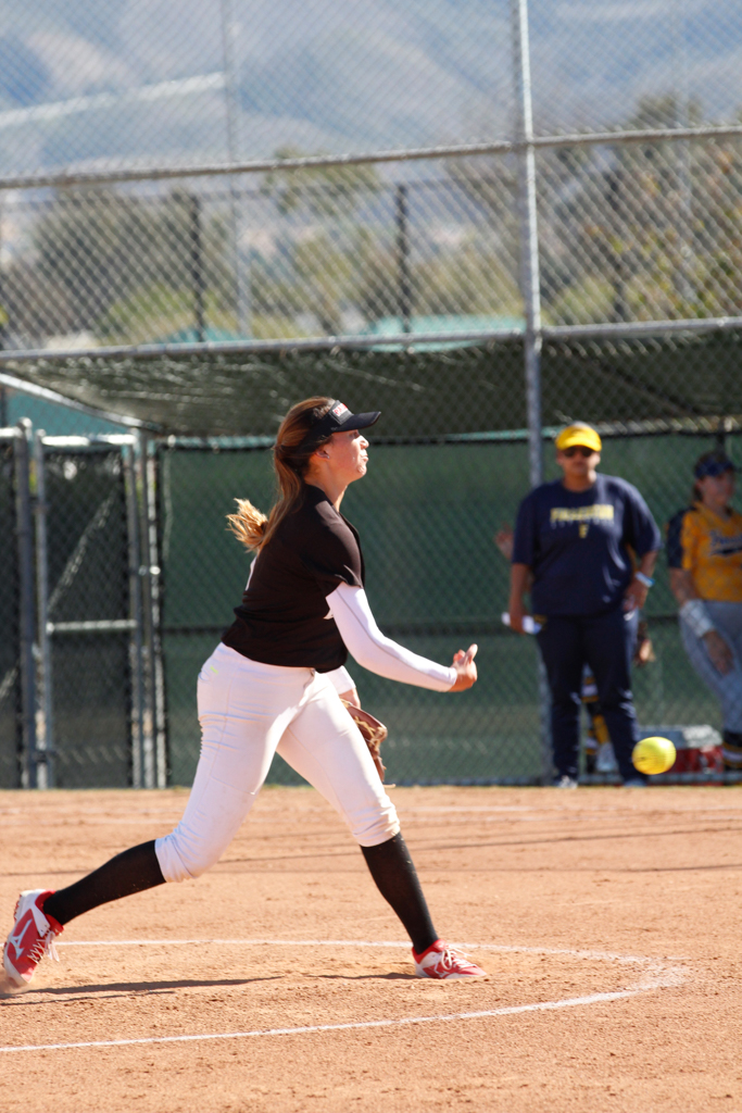 Palomar's pitcher, Alicia Garcia, pitching the ball against Fullerton on  Feb. 16. Amanda Raines/The Telescope
