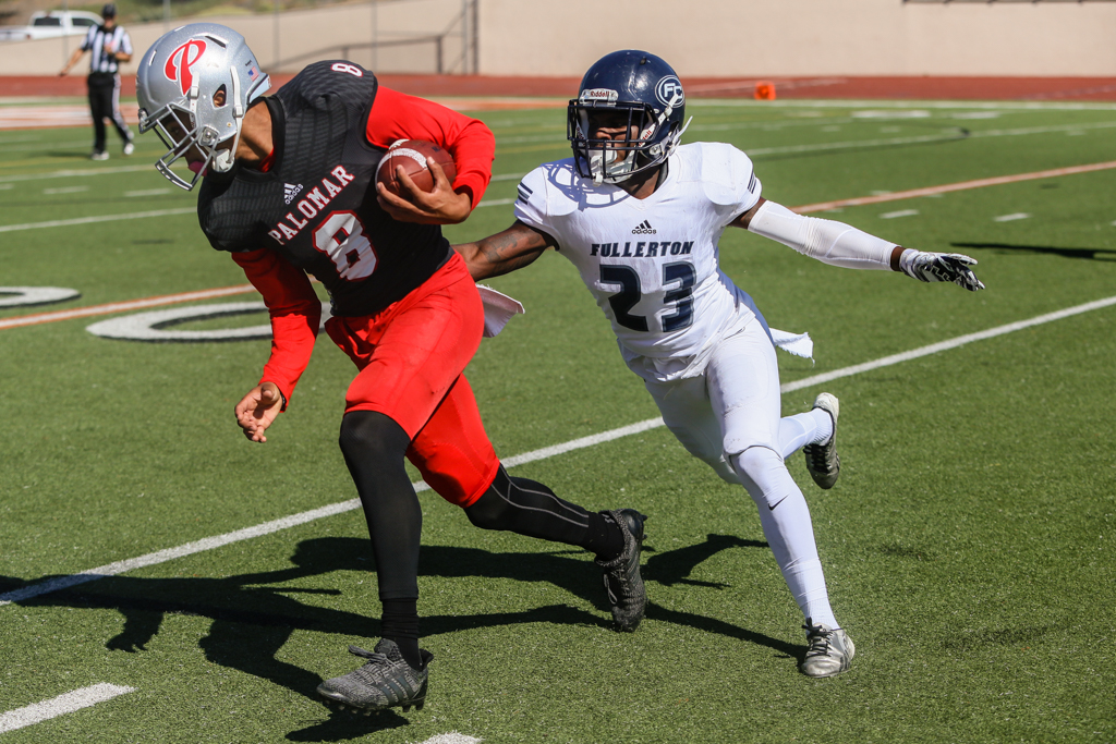 Palomar Wide Receiver Nate Johnson (8) competing against Fullerton Jay Brown (23) at Wilson Stadium in Escondido on 29 Oct 2017. Larie Tobias Chairul/ The Telescope