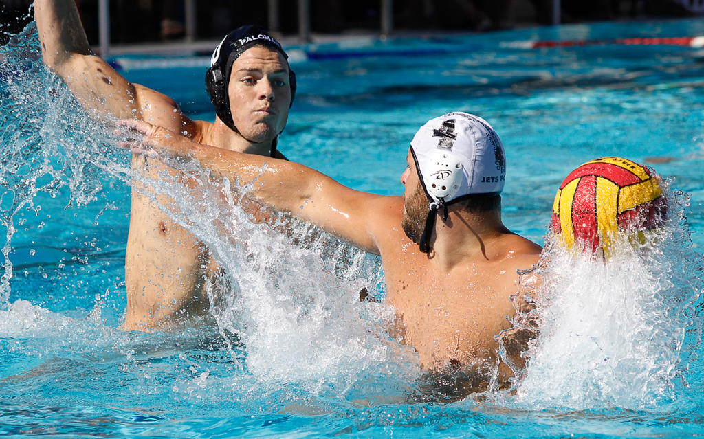 Palomar's Ryan Rhoads (10) defends the ball against Miramar's Josh Collett (4) during the Men's Water Polo PCAC Conference game between Palomar and Miramar on Nov. 4 at the Ned Baumer Pool. Palomar men won 22-12. Coleen Burnham/The Telescope