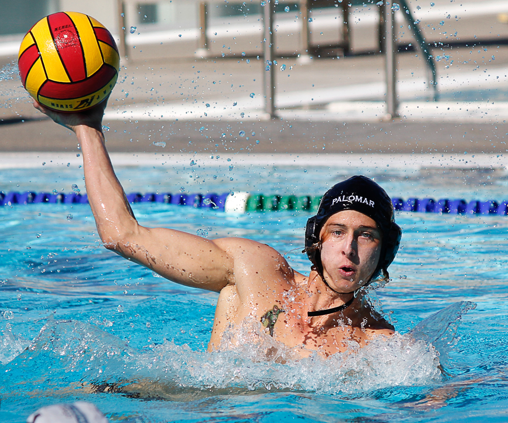 Palomar's Paul Schaner (5) looks to pass the ball during the Men's Water Polo PCAC Conference game between Palomar and Miramar on Nov. 4 at the Ned Baumer Pool. Palomar men won 22-12. Coleen Burnham/The Telescope