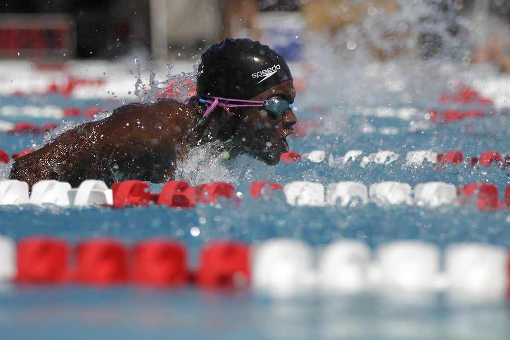 Palomar’s Paul Lee competes in the 200 yard butterfly event held April 18 at the Wallace Memorial Pool. The Comets hosted the 2015 Pacific Coast Athletic Conference Men’s/Women’s swimming-diving championships. Philip Farry / The Telescope.