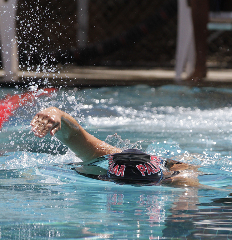 Palomar’s Emille Foltz swims the 200 yard freestyle event, Foltz placed fourth in her heat with a time of 2:20 held Friday April 17 at the Wallace Memorial Pool. Philip Farry / The Telescope.