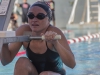 Palomar's Chelsea Sommer takes the ready position prior to the start of the 200 yard Backstroke on April 18 at the Wallace Memorial Pool. The Comets hosted the 2015 Pacific Coast Athletic Conference Men’s/Women’s swimming-diving championships. Philip Farry / The Telescope.
