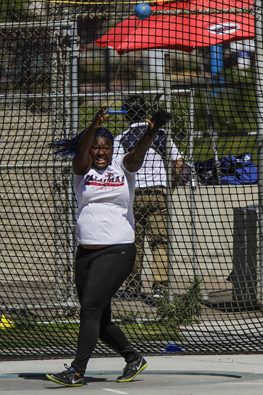 Palomar’s De’ondra Young launches the hammer during the Pacific Coast Athletic Conference Track and Field Championship held at Mesa College April 18. Young won the event with a throw of 167 feet 3 inches. Philip Farry / The Telescope.