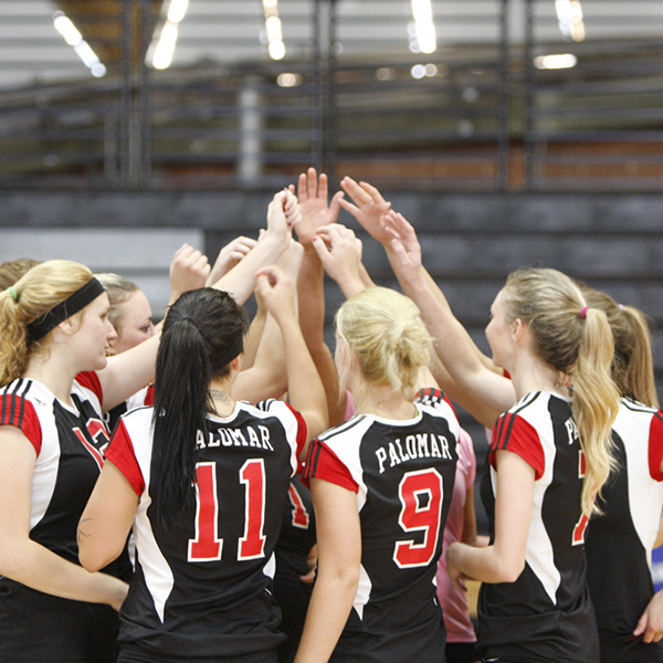 A team of Palomar volleyball players touch each other hands during a huddle.