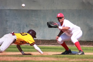Palomar first baseman Anthony Balderas catches a pickoff throw from starting pitcher Zach Wilkins against Southwestern College on Mar 13 at Myer’s Field. Wilkins threw 7 2/3rd innings only allowing 2 earned runs in the Comet’s 7-2 loss against the Jaguars. Scott Colson/The Telescope