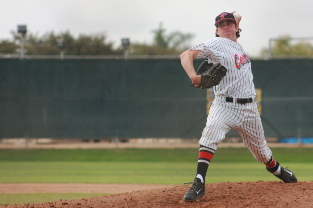 Palomar starting pitching Jake Barnett throws a pitch against San Diego City College on Mar 25 at Myer’s Field. Barnett threw 6 1/3rd innings, allowing only 1 run in the Comets 6-1 win over the Knights. The win improved Palomar’s conference record to 11-2. Scott Colson/The Telescope