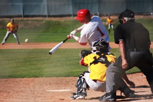 Palomar outfielder Matt Matlock doubles against Southwestern College on Mar 13 at Myer’s Field. Matlock went 2-3 with 2 doubles in the Comet’s 7-2 loss against the Jaguars. Scott Colson/The Telescope