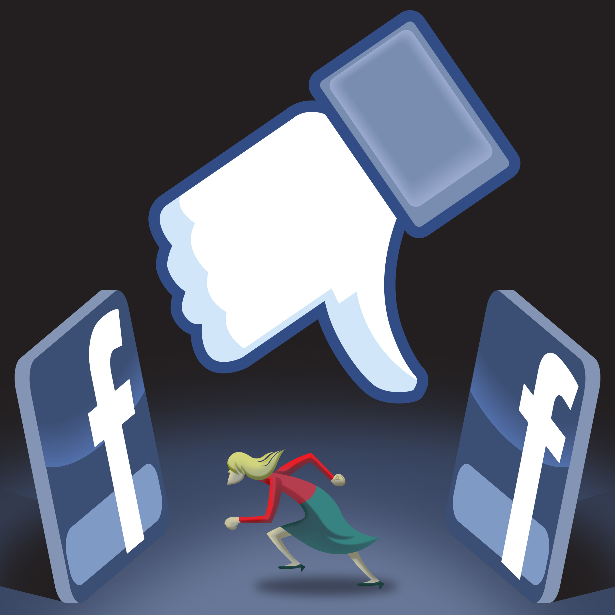 Tim Lee illustration of a woman caught between two large Facebook logos with a Facebook thumps up icon turned down; can be used with stories about "escaping" Facebook. Raleigh News and Observer 2012 (Tim Lee/MCT)