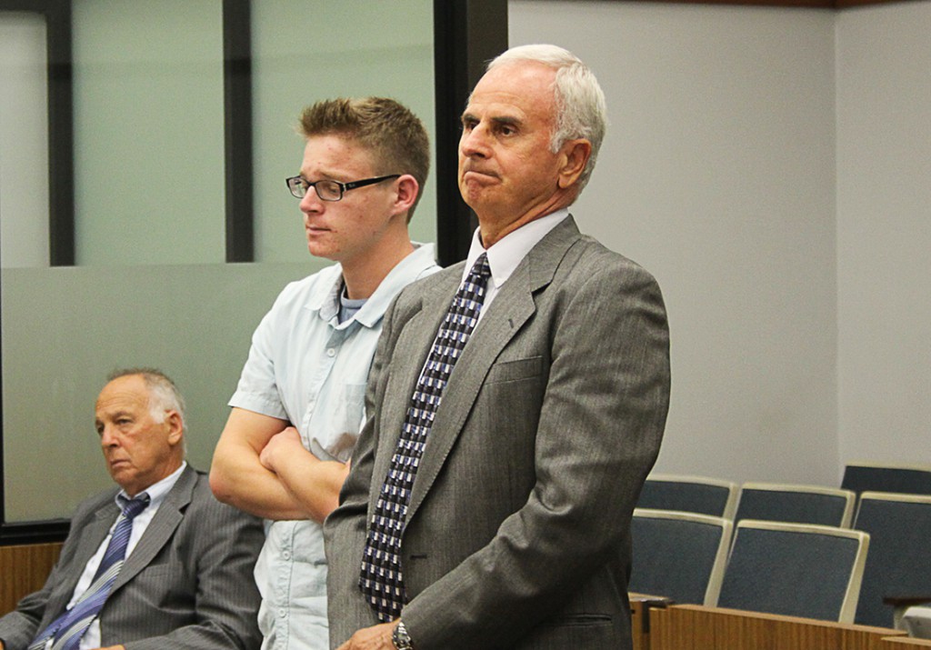 Former Palomar student Ryan Cook stands with his defense attorney, Raymond Gomez during the sentencing hearing on Sept. 5 at the Vista Court House.  Cook was ordered to stay away from Palomar College. • Christian Gaxiola/The Telescope