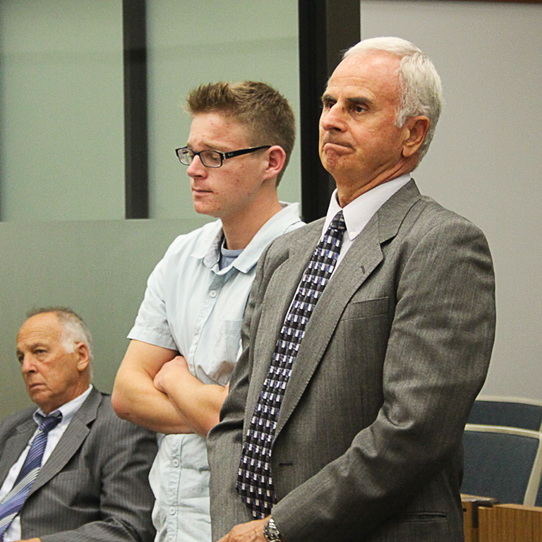 Former Palomar student Ryan Cook stands with his defense attorney, Raymond Gomez during the sentencing hearing on Sept. 5 at the San Diego Superior Court, North County Regional Center. Cook was ordered to stay away from Palomar College. ( Christian Gaxiola/The Telescope)