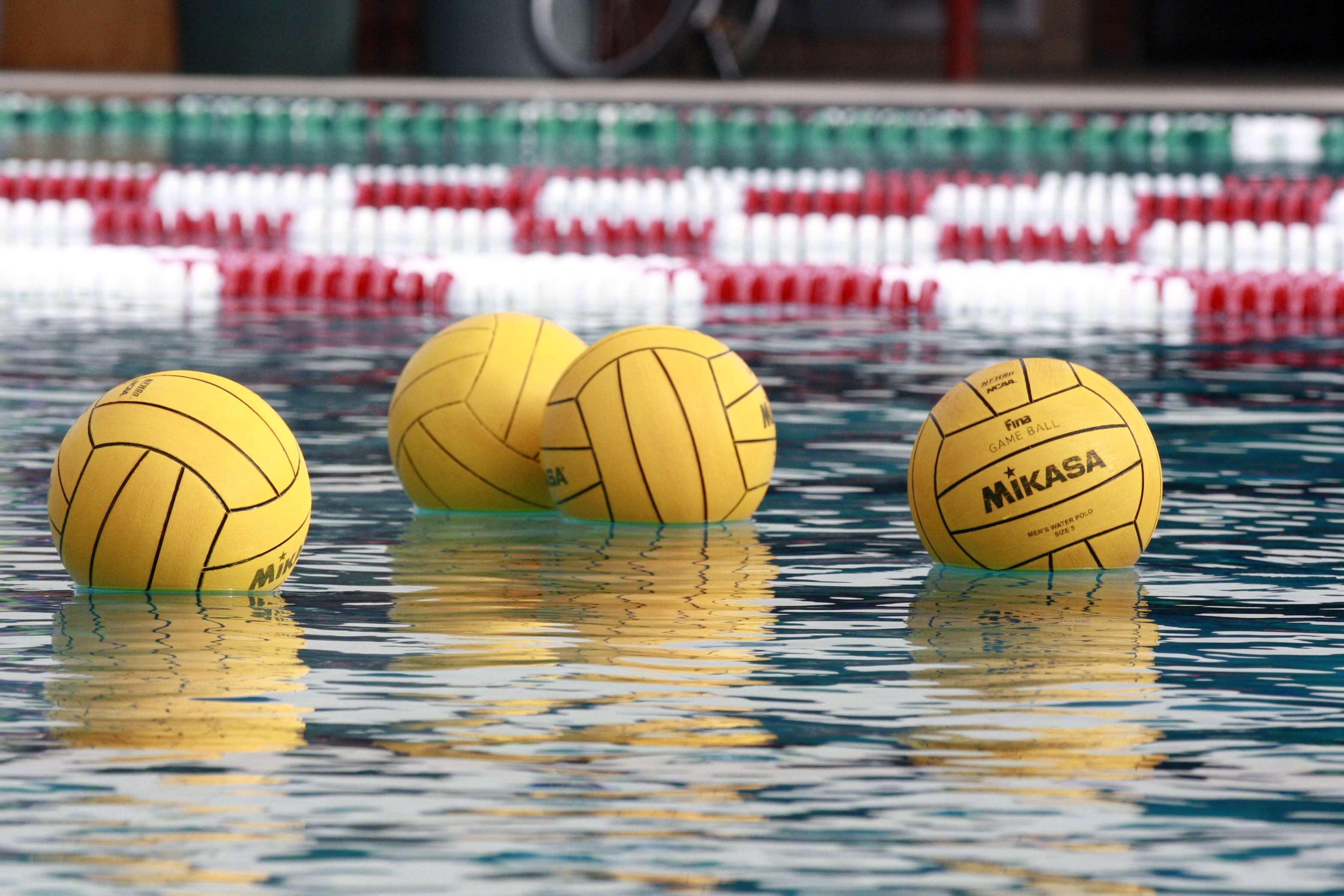 Four yellow water polo balls floating in a pool.