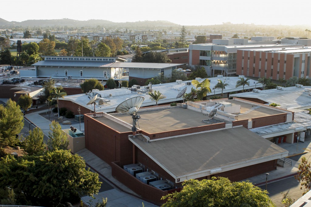 An aerial view of Palomar College at dusk, September 29, 2014.  Angela Marie Samora/The Telescope