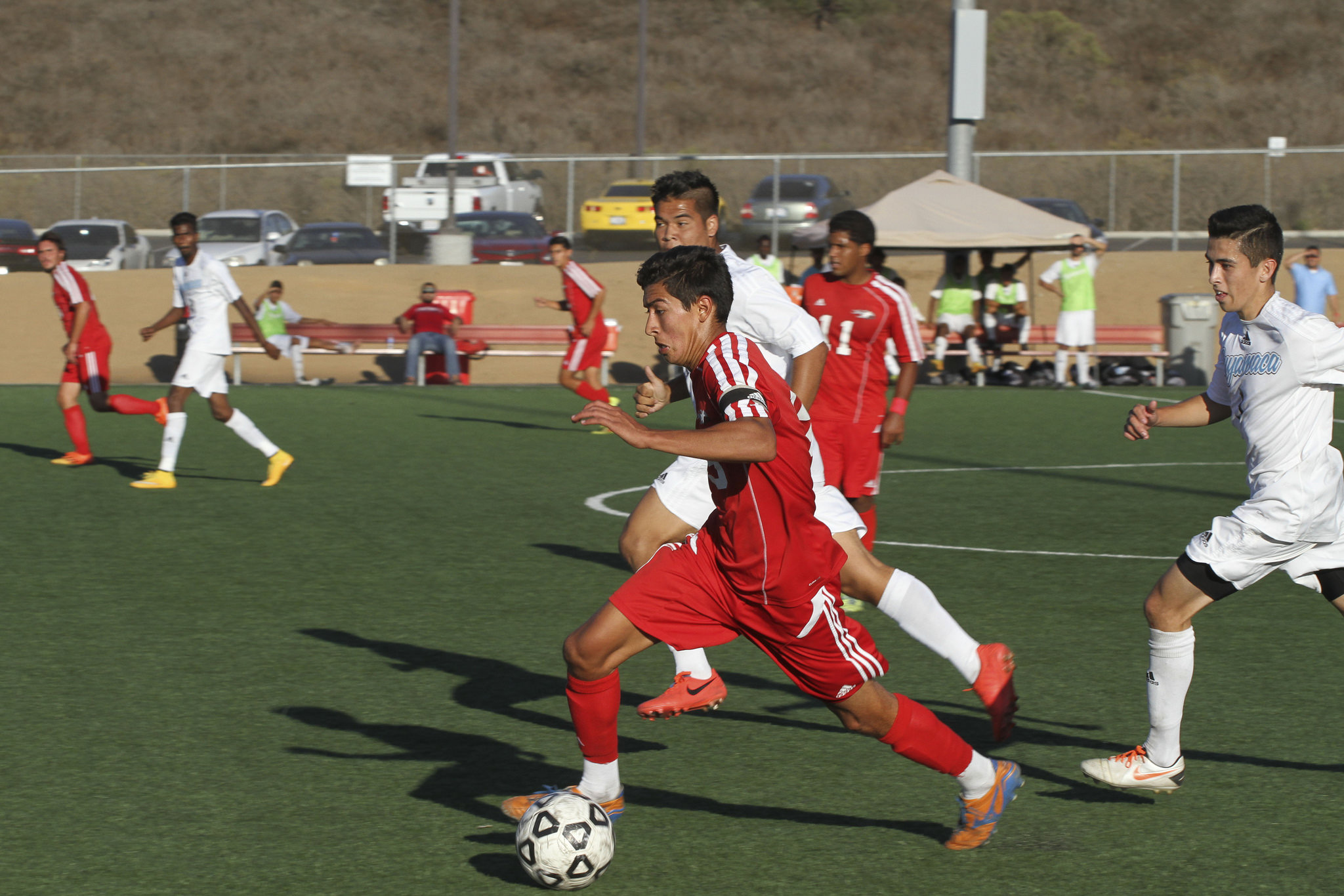 Palomar's defender Omar Orozco (No.19) controls the ball during a game against Cuyamaca on October 24th at Minkoff Field San Marcos, California. Comet's 2-0 loss to Cuyamaca. 