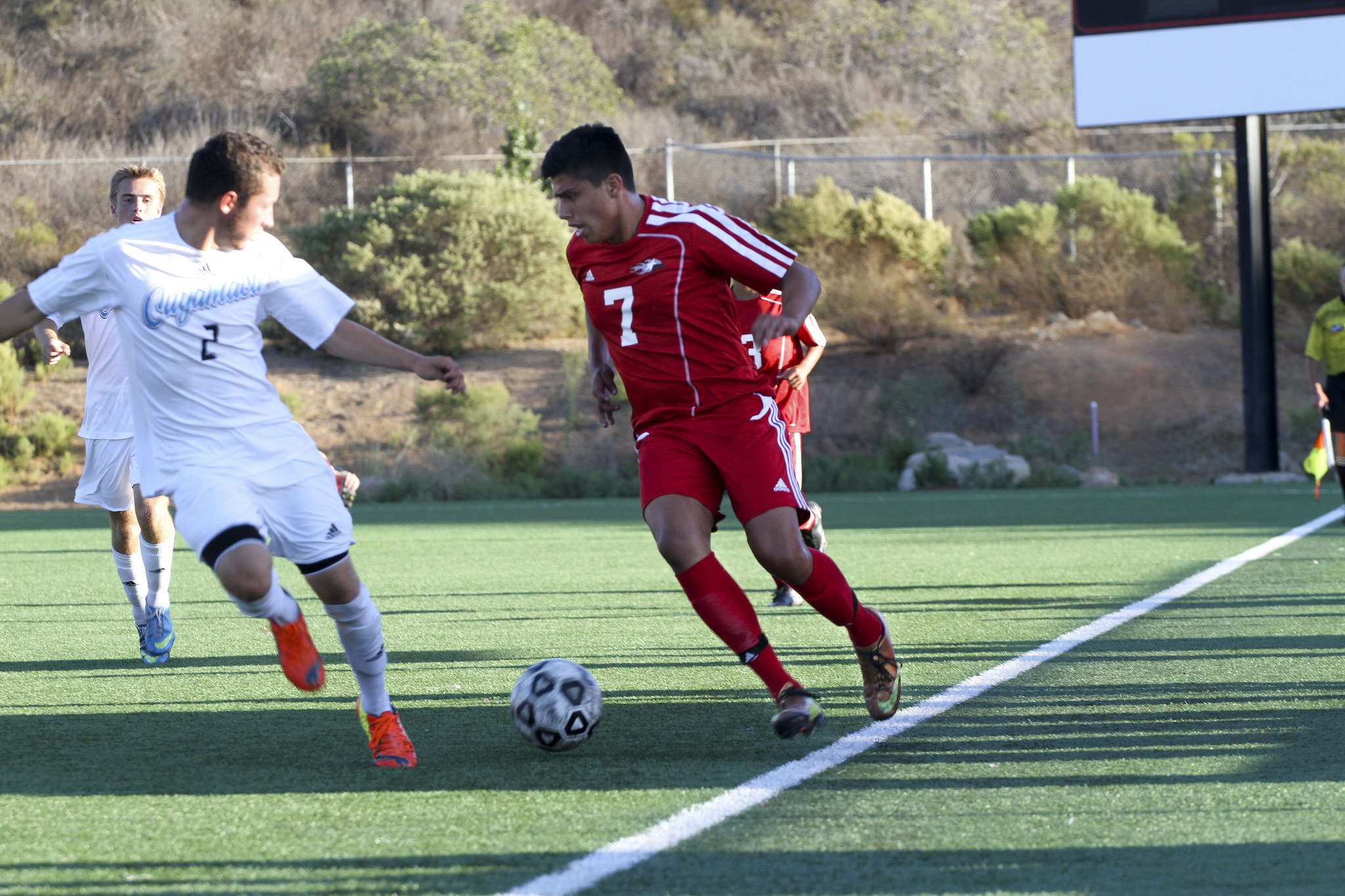 Palomar's midfielder Adrian Agraz (7) battles for the ball during a game against Cuyamaca on Oct. 24, 2014 at Minkoff Field in San Marcos, Calif. Comet's 2-0 loss to Cuyamaca. (Photo courtesy of Marcela Alauie)