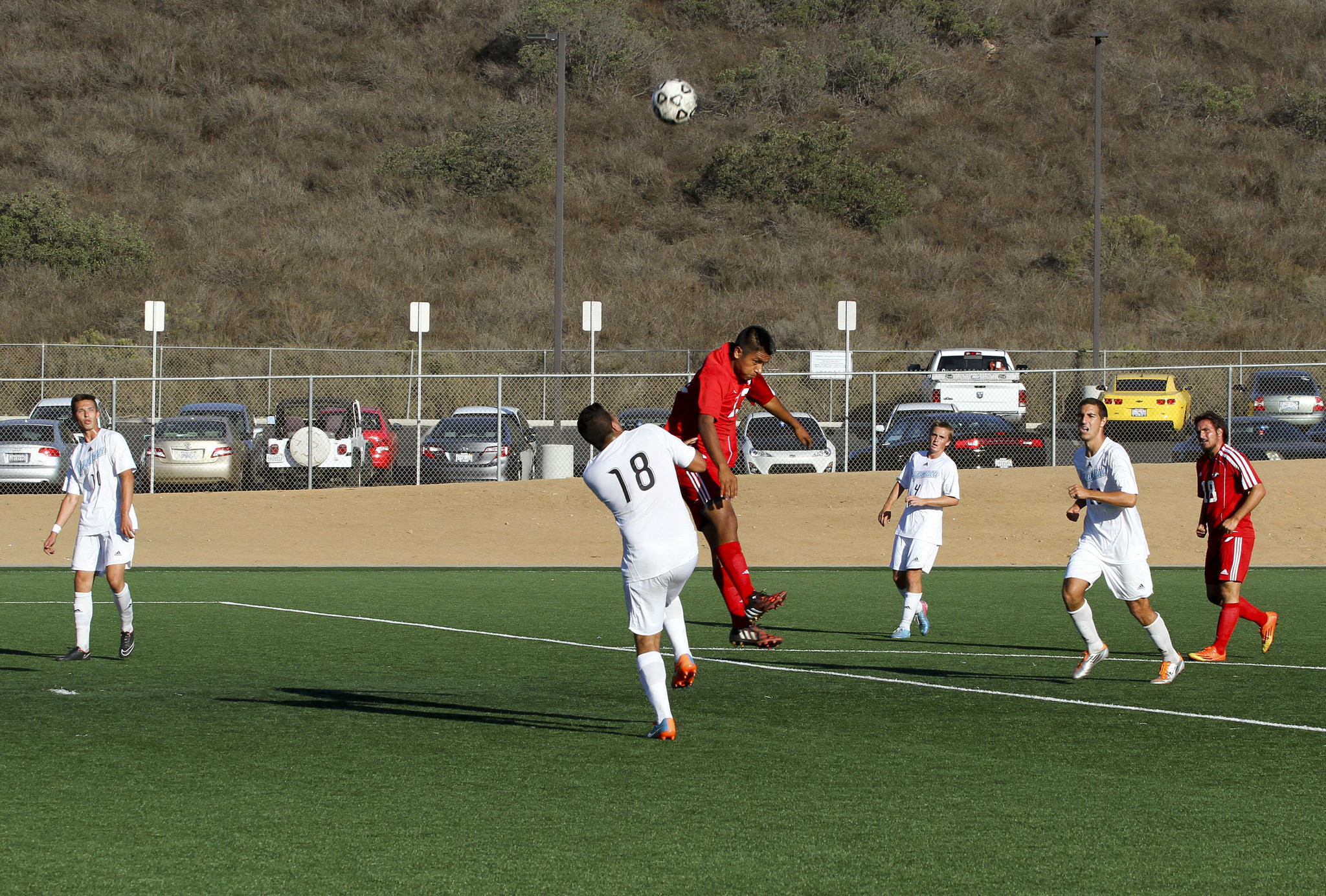 Palomar's midfielder Oscar Meija (No.23) heads the ball during a game against Cuyamaca on October 24th at Minkoff Field San Marcos, California. Comet's 2-0 loss to Cuyamaca.