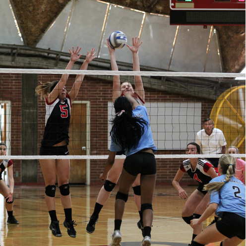 Oct. 10, 2014. Palomar College womens volleyball team played against Cuyamaca College at the Dome Friday evening. The Comets #5 Rachel McFarland and #12 Maci Lerno block a shot during the first set. The Comets went on to defeated the Coyotes three sets to zero and improving their record to 10-2 (overall) 4-1 (Conference). (Philip Farry/The Telescope)