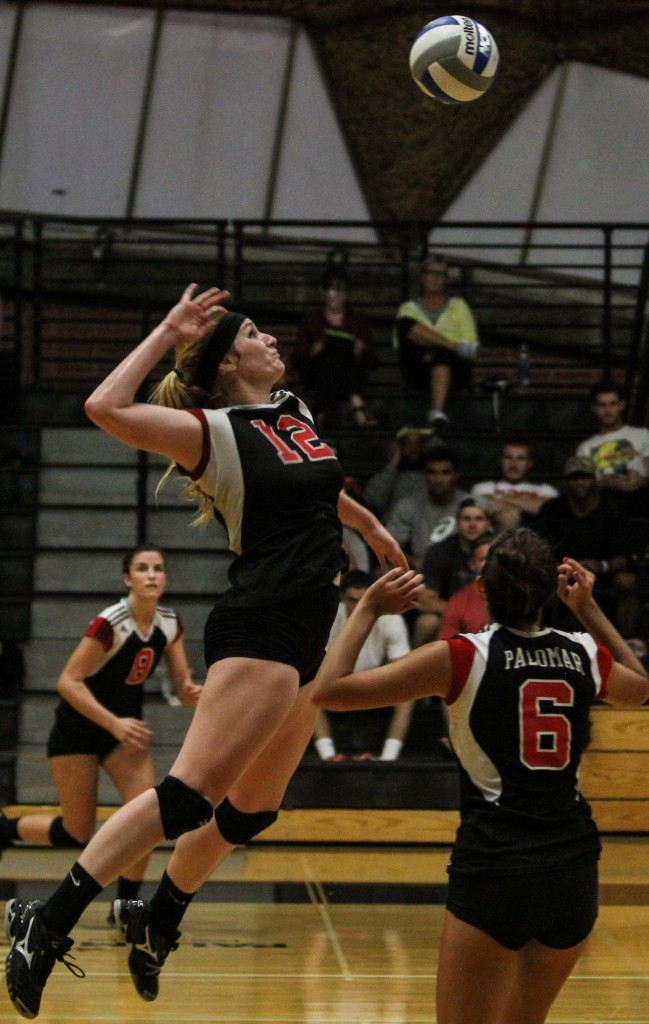 Palomar College Comets women volleyball hosted San Diego City College Knights at the Dome Wednesday night October 22, 2014. The Comets (L/R) #6 Aspen Luedtke sets the ball for #12 Maci Lerno during the second set, the Comets went on to win 3-1. The Comets ranked #19 in the state defeated the #23 ranked Knights by a score of 3-1 at the dome Wednesday night. With the win the Comets took sole possession of second place and improved their record to (12-3) overall (6-2) conference. Philip Farry | The Telescope.