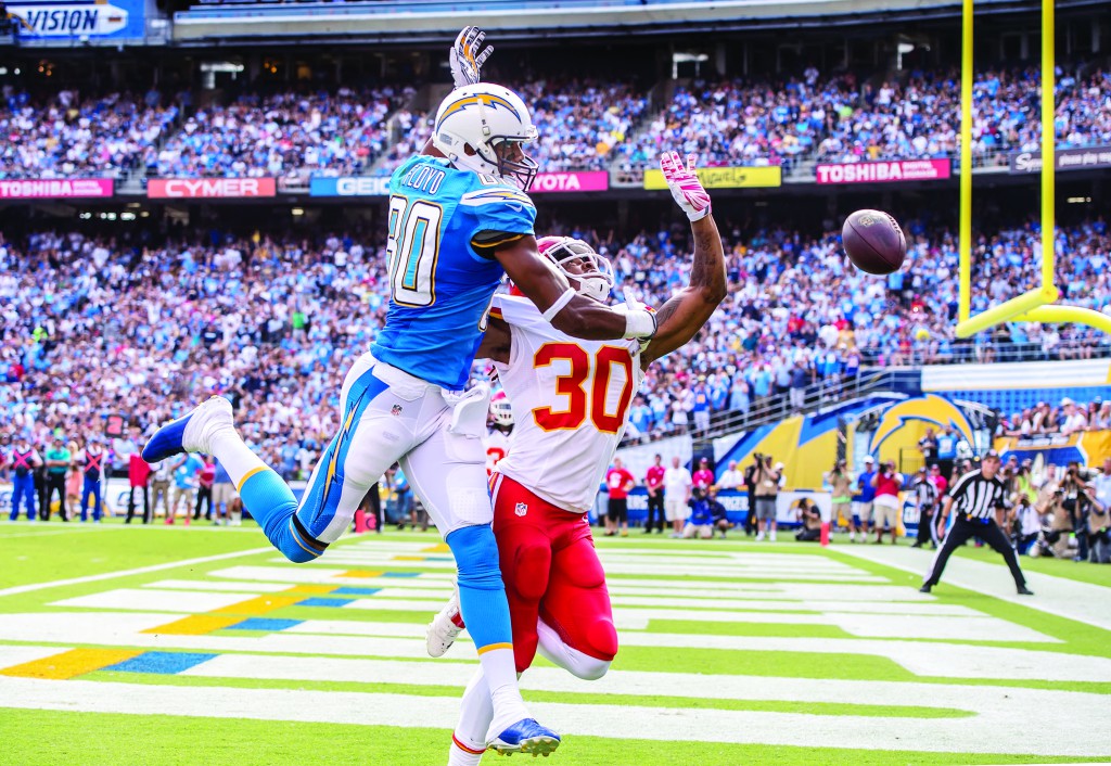 Kansas City Chiefs defensive back Jamell Fleming (30) breaks up a pass attempt in the end zone intended for San Diego Chargers wide receiver Malcom Floyd (80) on Sunday, Oct. 19, 2014, at Qualcomm Stadium in San Diego. (David Eulitt/Kansas City Star/MCT)