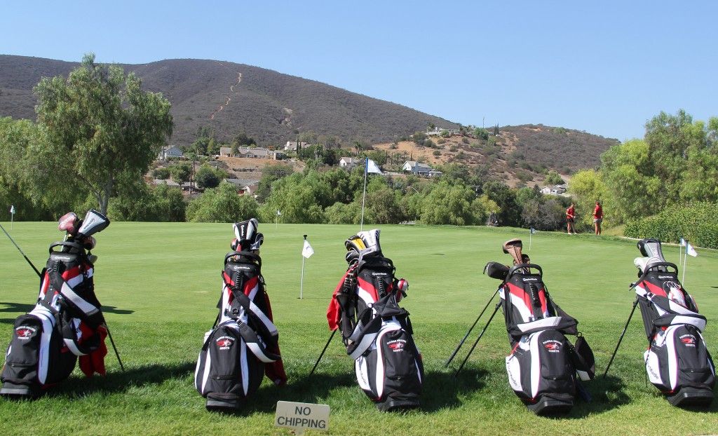 Palomar's golf team set up for short game practice at Twin Oaks Golf Course. Photo taken by Meredith James.