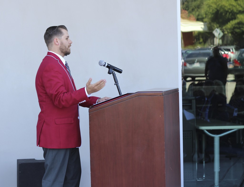 Associated Student Government President Jason Hosfield speaks at the Humanities Open House ceremony Oct. 10 outside the new building. Photo courtesy of Deb Hellman