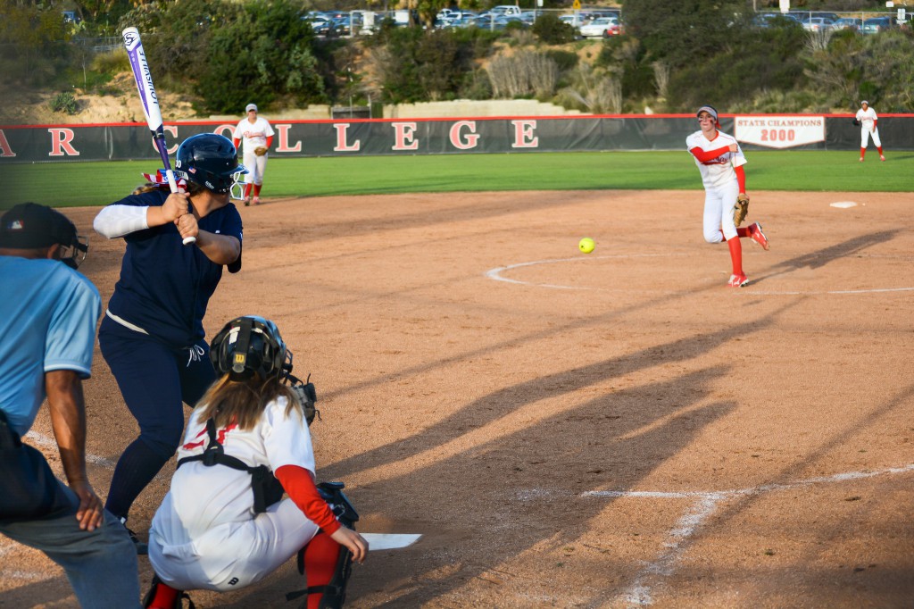 February 11, 2015 | Palomar pitcher Summer Evans #2 pitches a strike against San Diego Mesa College in the fifth inning of the Comets 10-2 victory. Photo by Seth Jones.<code><br /></code>